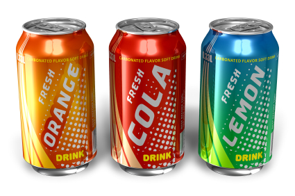 Three brightly colored cans of soda pop